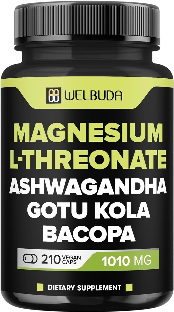 Magnesium L-Threonate Kapseln 1010mg - 210 Kapseln - Blended with Ashwagandha Root, Gotu Kola Leaf & More