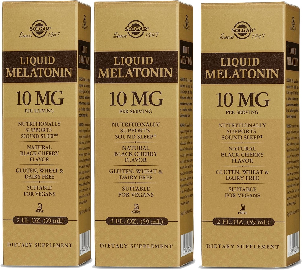 Solgar Liquid Melatonin 10 mg, Natural Black Cherry Flavor - 2 fl oz, Confezione da 3 - Grande per Jet Lag - Vegan, Gluten Free - 177 Total Servings