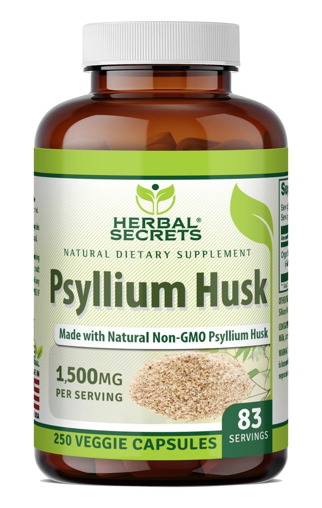 Secrets à base de plantes Psyllium Husk Supplément de 500 mg 250 capsules Veggie