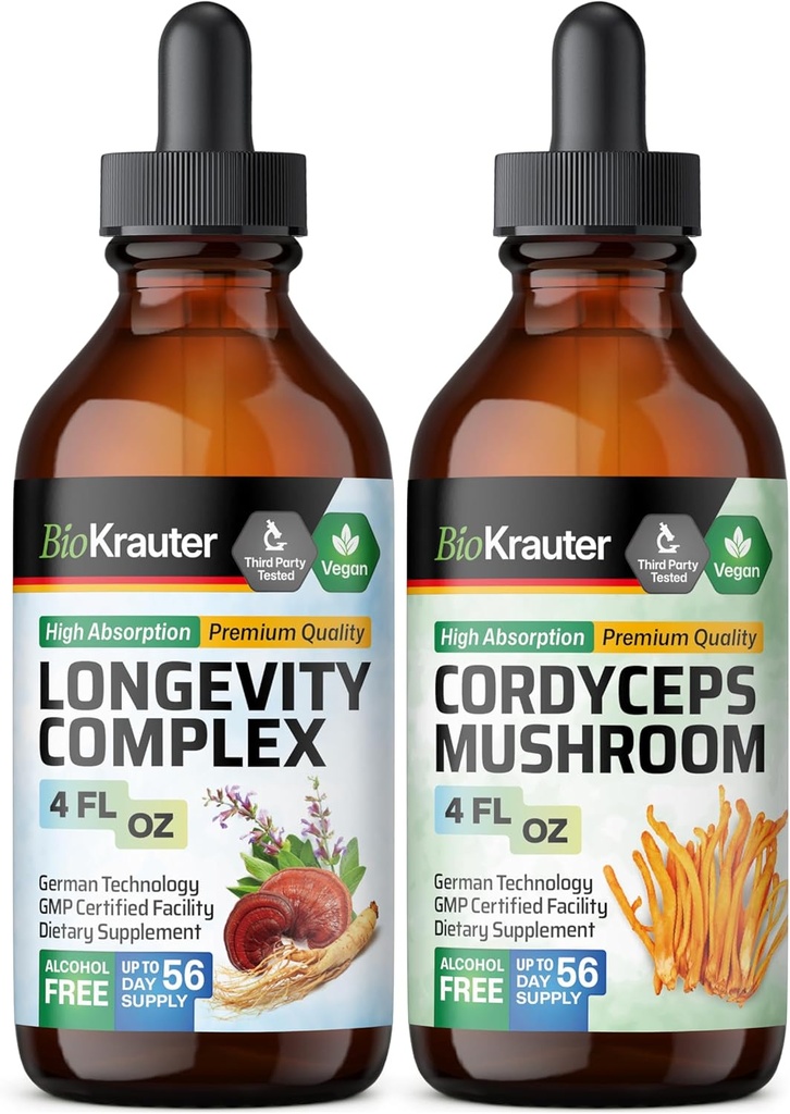 BIO KRAUTER Langlebigkeit Pilz Tinktur 4 Fl. Oz. & Cordyceps Pilz Tinktur 4 Fl. Oz.