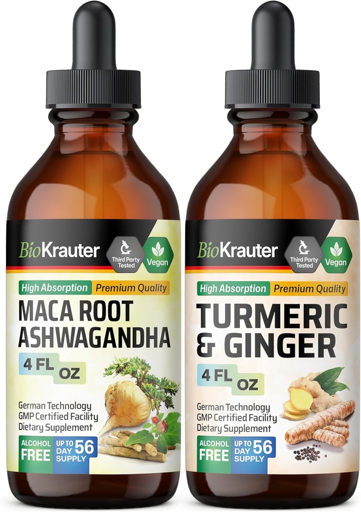 Maca Ashwagandha Tinktur 4 Fl. Oz. & Turmeric Ginger Tinktur 4 Fl. Oz.