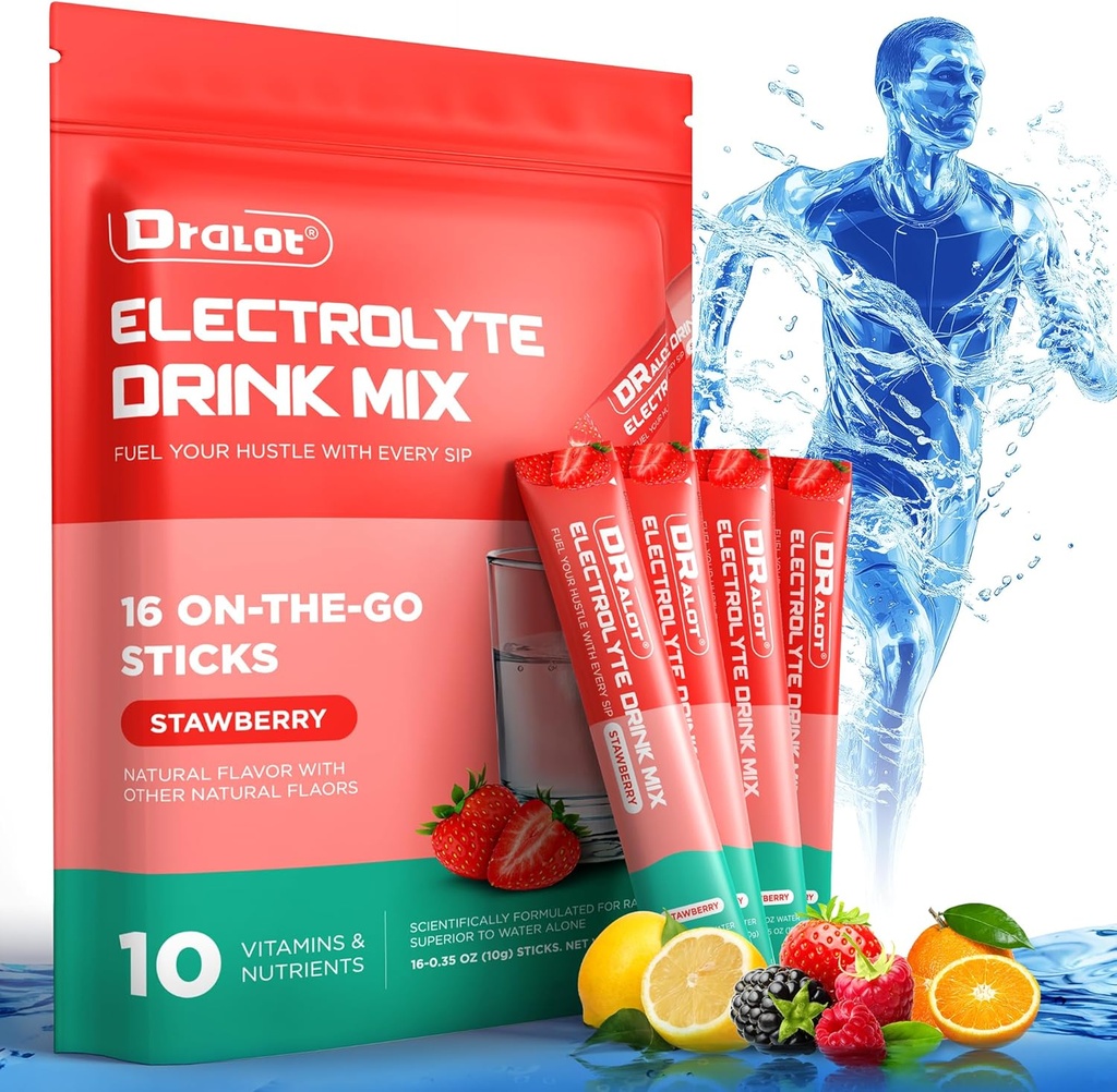 Zuckerfreie Elektrolyte Pulver mit natürlichen Flavors, 3X Schnelle Hydration Packets mit 10 Elektrolyten & Vitamine, Liquid Daily IV, Non-GMO, Gluten-Free, Keto, Vegan, 16 Sticks, Erdbeere