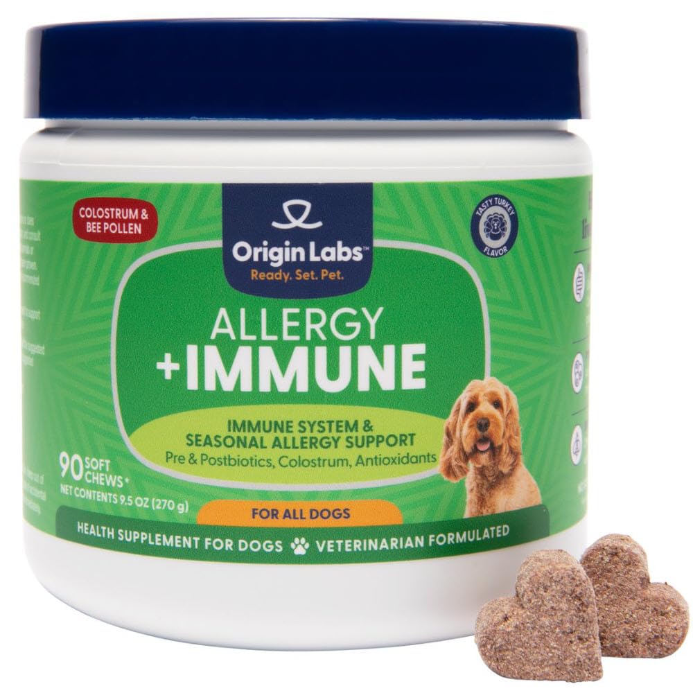Labs d'origine Allergie et supplément de soutien immunitaire, Omega 3 Huile de poisson, Pollen d'abeilles, Colostrum, Probiotiques, Prébiotiques pour la santé de la peau et du manteau, Antioxydants, Arôme de la dinde, 90 Mâches molles