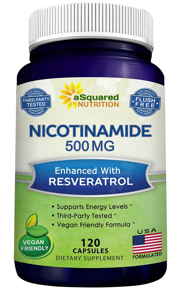 aSquared Nutrition Nicotinamide mit Resveratrol - 120 Veggie Kapseln - Vitamin B3 500mg (Niacinamid Flush Free) - Ergänzung Pillen zur Unterstützung von NAD, Hautzellengesundheit & Energie
