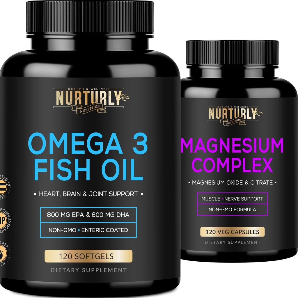 Complexe de magnésium et huile de poisson Oméga 3 - Citrate de magnésium 500MG – Huile de poisson 2000mg, 800mg EPA et 600mg DHA - Détente musculaire, sommeil et énergie, santé osseuse, cerveau et coeur