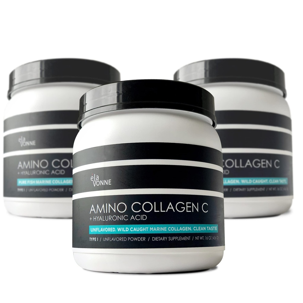 (3-Pack) Amino Collagen C - Polvere di collagene (180 Scoops) - Peptidi di collagene marino + acido ialuronico. Niente Sugar. Nessun odore. Non OGM. USA. per capelli, pelle, unghie, articolazioni, & Gut Salute.