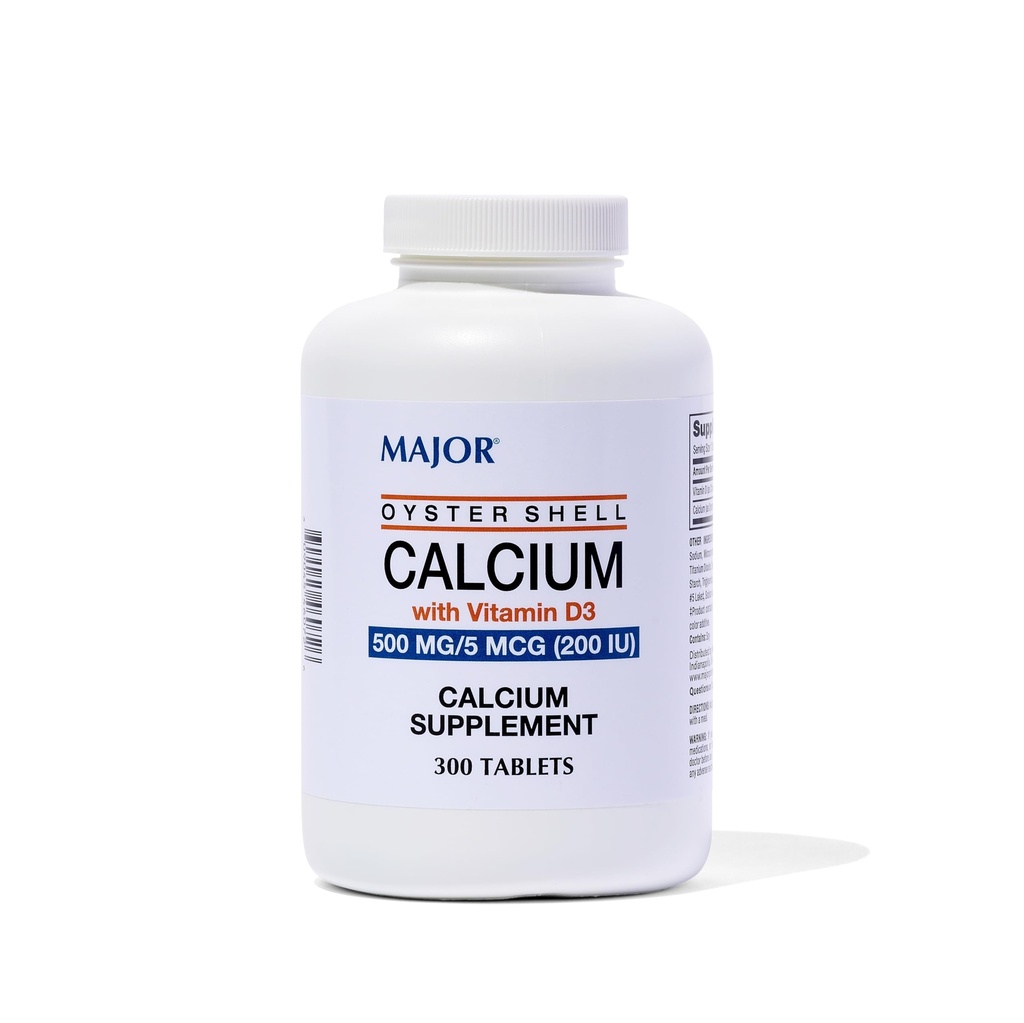 Major Oyster Shell Calcium avec vitamine D3 500 mg / 5 mcg (200 UI) - Supplément de calcium quotidien - 300 comprimés (1 emballage)