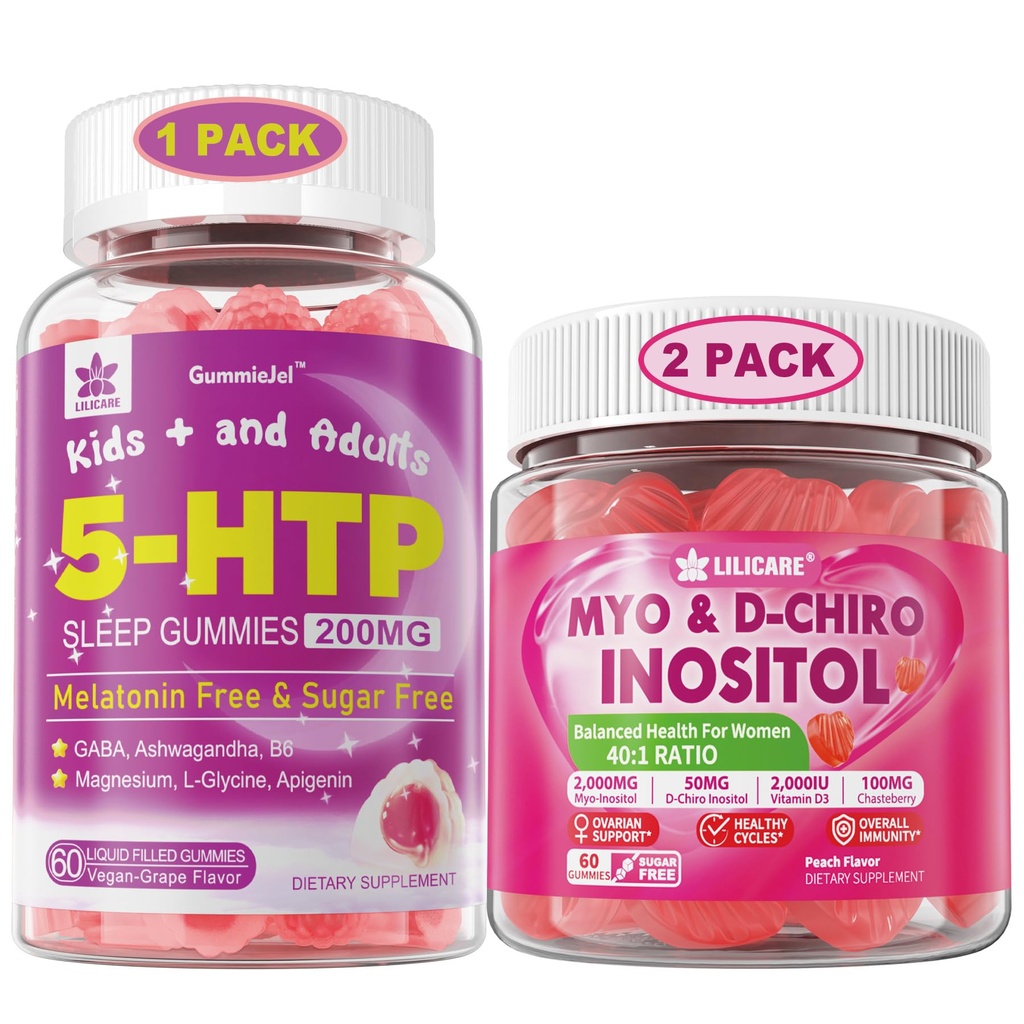 LILICARE Bundle: 5HTP Gummies con Magnesio Glycinate - Melatonina Gommie per adulti e bambini 8+ & Inositol Gummies Ideale 40:1 Ratio Myo & D-Chiro Inositol Supplemento