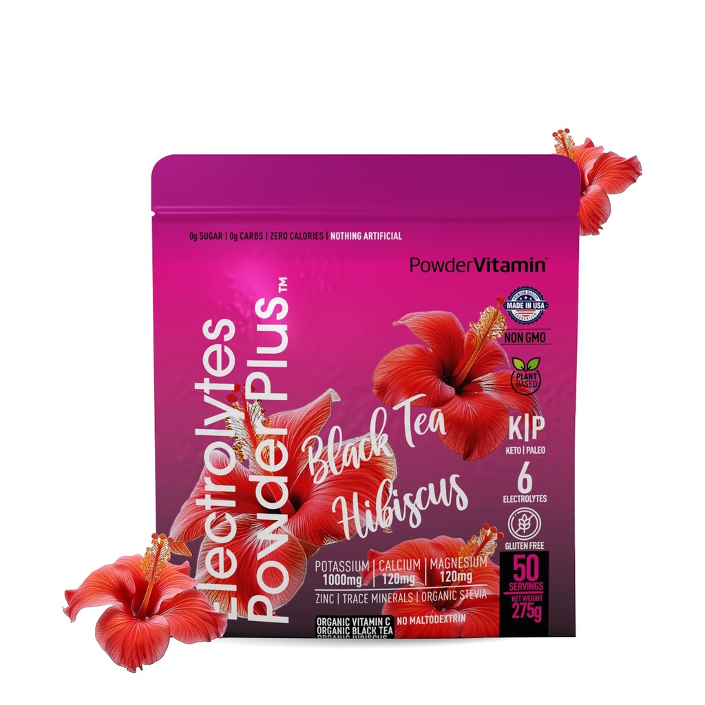 PowderVitamin Elektrolyte Powder Plus (50 Servierungen) Schwarzer Tee Hibiscus Elektrolyt Pulver Keto, Zuckerfrei, Rosa Himalaya Salz, 1000mg Kalium, 120mg Calcium, 120mg Magnesium, Hydration Pulver
