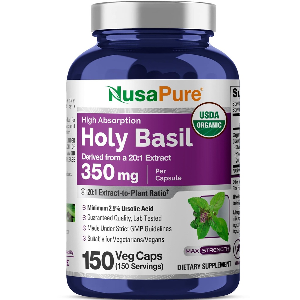 NusaPure USDA Organic Holy Basil Capsules 20:1 Extrakt, 350 mg Äquivalent zu 7.000mg | 150 Vegan Caps | Tulsi Holy Basil Leaf Extract | 2,5% Ursolic Acid | Non-GMO