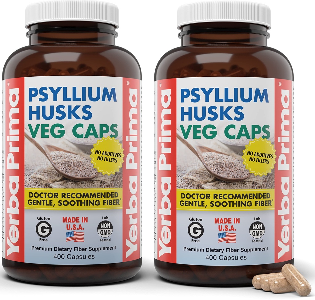 Yerba Prima Psyllium Husks Veg Caps, 400 Capsules (625mg) (paquet de 2) - Vegan, non-OGM, sans gluten, Colon Cleanser, supplément de fibre quotidienne pour la santé et la régularité Gut