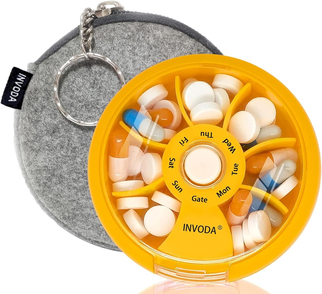 Organizzatore di pillole settimanali INVODA 7 scomparti scatola di pillole rotanti per farmaci giornalieri &amp; vitamine - Case di viaggio portatile caso Fish Oil Supplements Vitamins Organizer (Orange+Bag)