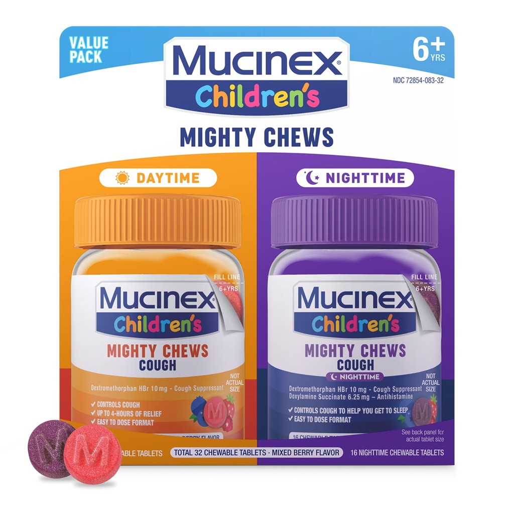 Mucinex Kinder-Mighty Chews Kids Cough Medicine Daytime und Nighttime Value Pack, einfach zu tun Cough Suppressant für Kinder mit Dextromethorphan, Mixed Berry Flavor, 32 Medikamenteierte Kautabletten