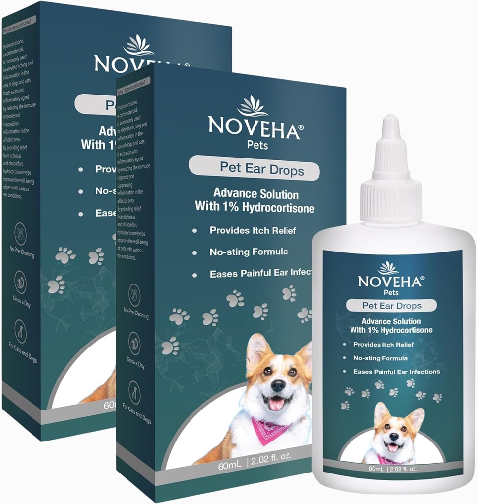 NOVEHA Pet Ear Drops mit 1% Hydrocortisone | Ear Cleaner für Hunde & Katzen für Earwax Buildup, No-Sting Formel, Calms Itch & Reduces Painful Ear Infections 60mL (60ml (Pack of 2))