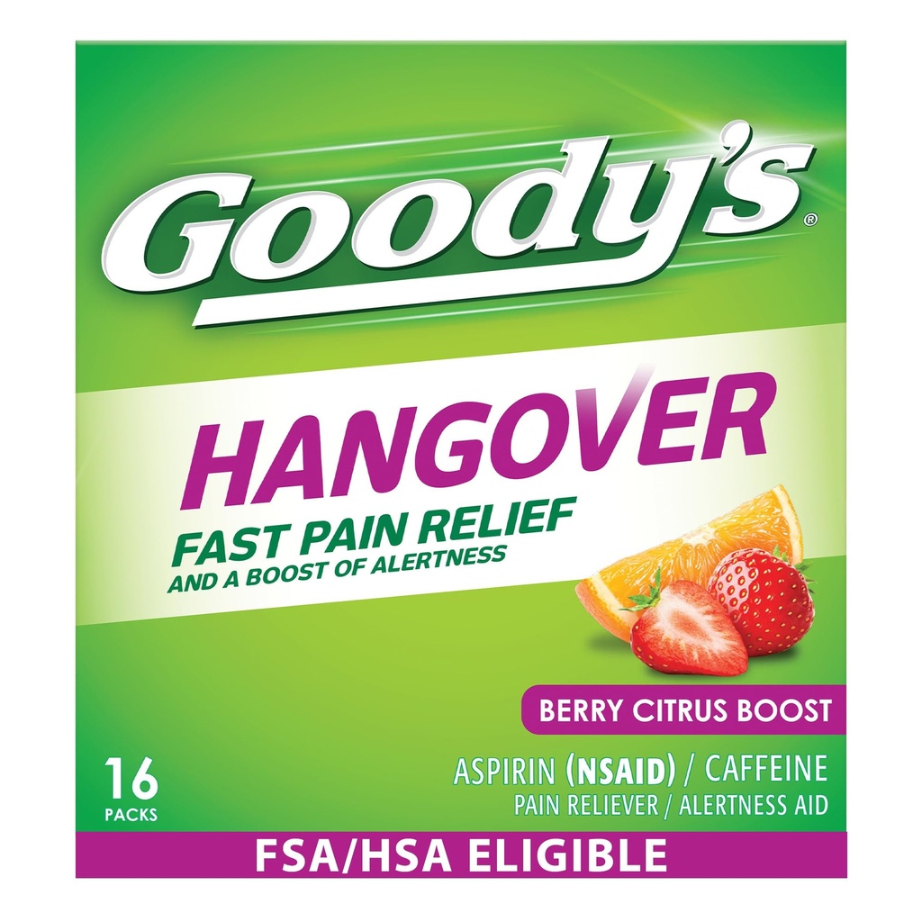 Goody's Hangover Relief Powder, Dual Action Fast Headache Pain Relief with Aspirin and Caffeine, Berry Citrus Flavor, 16 Count