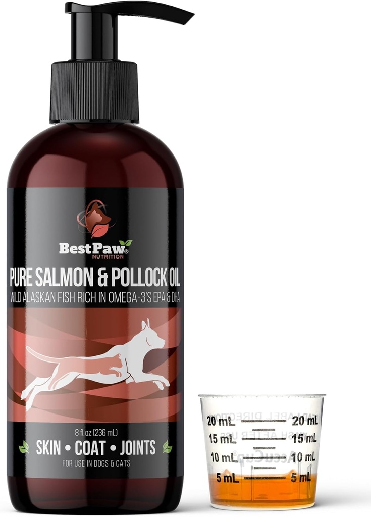 Pure Wild Alaskan Lachs & Pollock Öl für Hunde & Katzen Haut und Mantel - Fischöl Flüssigkeit mit Pumpe - Unterstützt Gelenkfunktion & Herz Gesundheit - Omega 3 Flüssige Nahrungsergänzung - Alle natürlichen EPA + DHA - 8oz