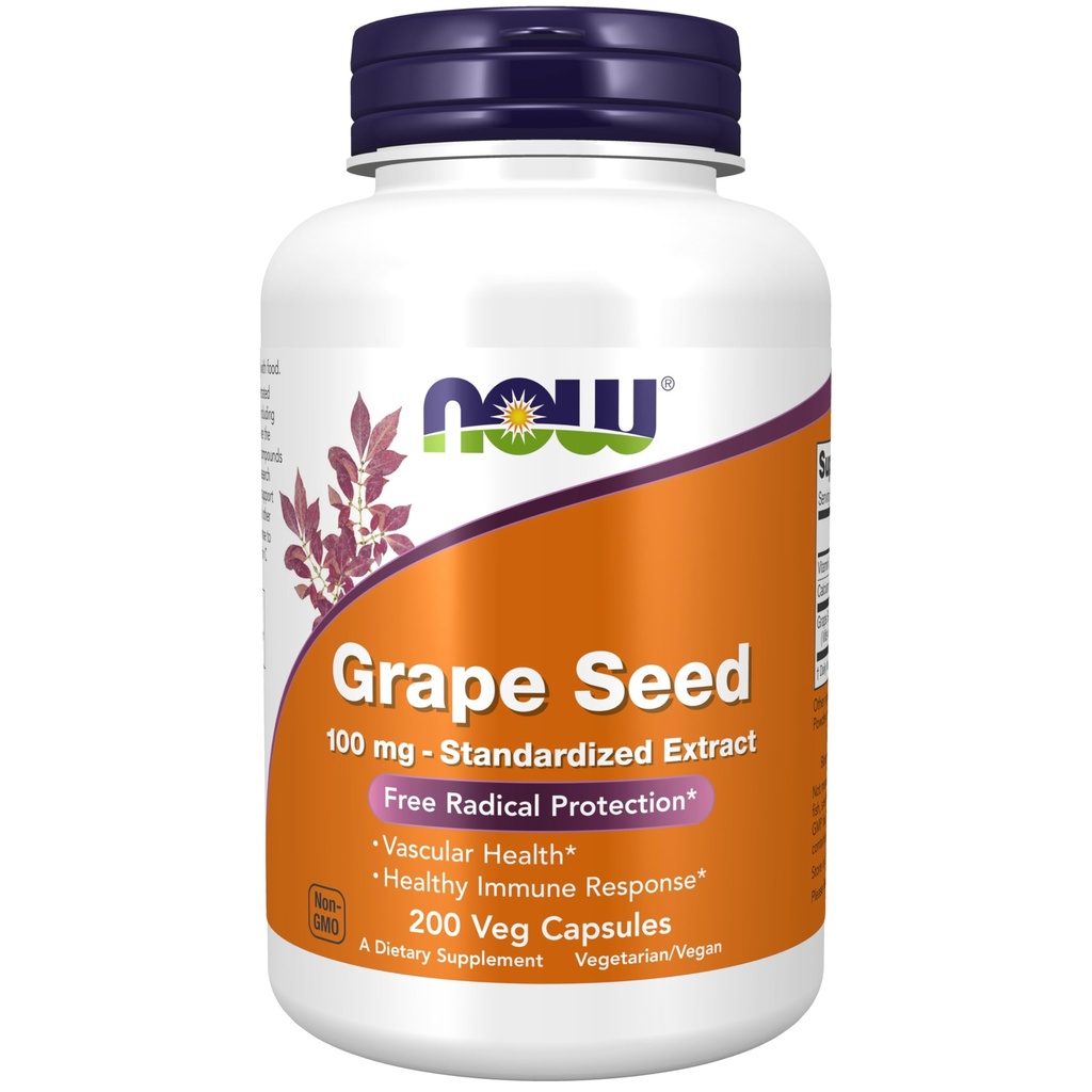 MAINTENANT Aliments suppléments, graines de raisin 100 mg - Extrait normalisé, extrait hautement concentré avec un minimum de 90% de polyphénols, avec vitamine C, 200 capsules de légumes
