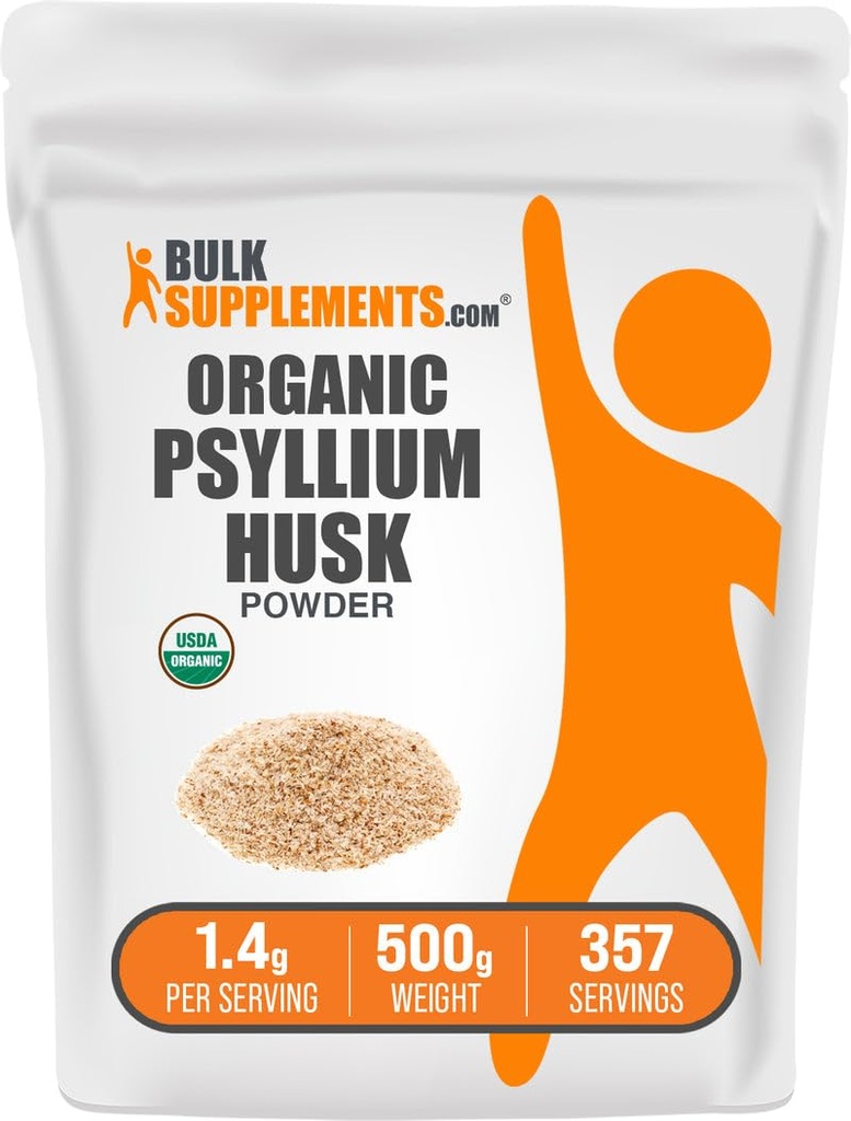 BulkSupplements.com Polvere di Husk di Psyllium Organic - Polvere di Husk di Psyllium per cuocere, supplemento di fibra - senza glutine, 1.4g per porzione, 500g (1.1 lbs) (pacchetto di 1)