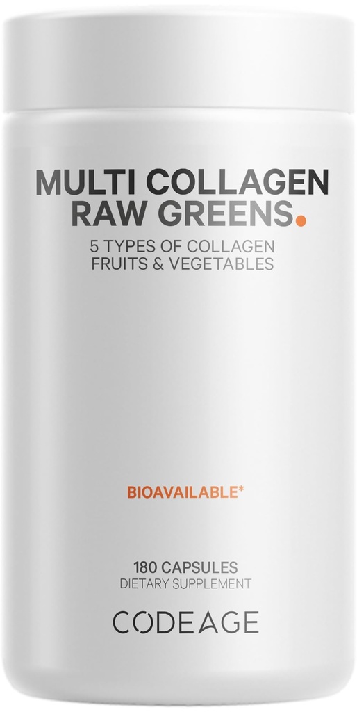 Codeage Multi Collagen Protein + Organic Raw Greens Superfood Capsule Supplemento, 21 Frutti & Veggies, Peptidi di collagene idrolizzati a base di erba, 5 tipi All-in-One, 180 Conte