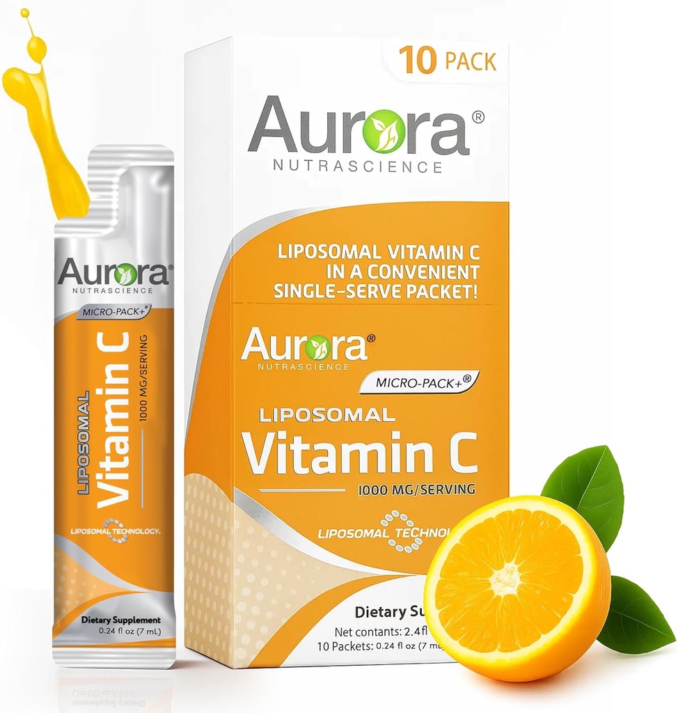Aurora Nutrascience Micro-Pack Vitamine Liposomique C, Soutien Immune, 1000 mg par portion, Vegan, Sans gluten, Non-OGM, 10 Packets à usage unique, Orange