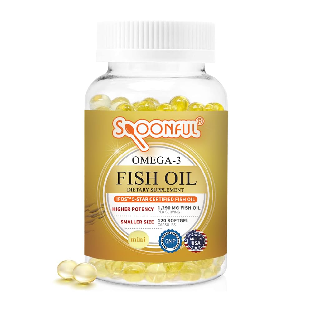 Löffel Mini Omega 3 Fischöl, iFOS zertifiziert, 1290 mg pro Portion, 120 Softgels Perlen, kleine Größe leicht zu schlucken Kapseln, Made in USA