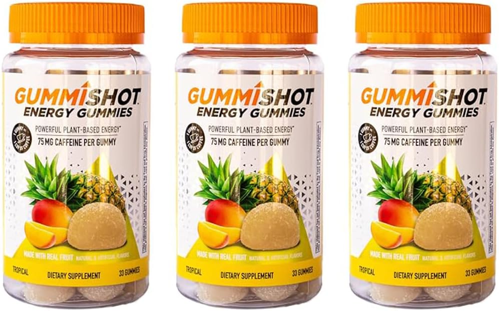 GummiShot Energy Gummies, 2475 mg of Plant-Based Caffeine Chews per Bottle, Long Lasting Energy Boosters, Tropical 33 Count (Pack of 3)