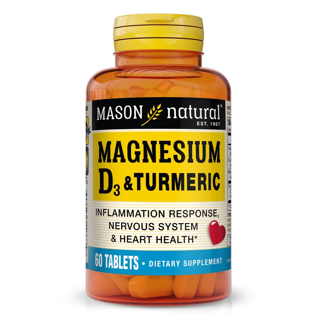 MASON NATURAL Magnésium et vitamine D3 avec curcuma, complément alimentaire de 60 jours avec 500 mg de magnésium, 3000 UI de vitamine D3 et 150 mg de curcuma