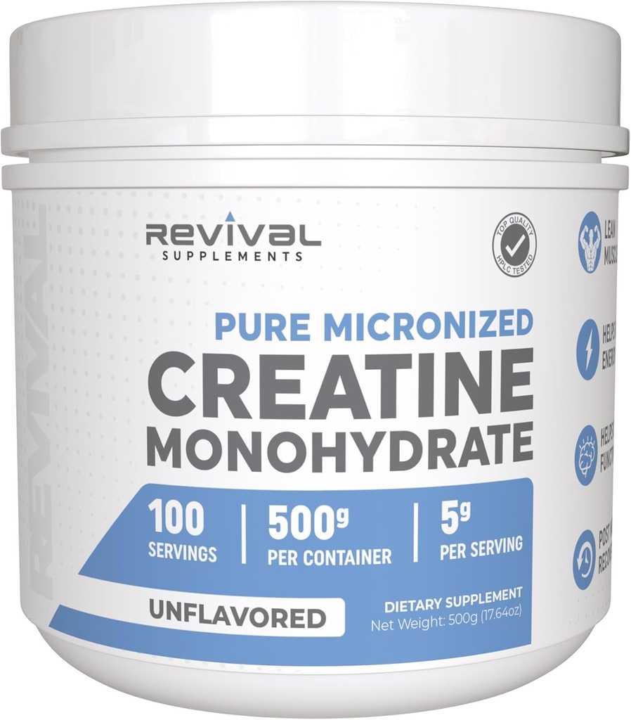 Revival Premium Micronized Creatine Monohydrate - HPLC testé 100% Pure Grade - 500g (100 portions) - supporte la croissance musculaire maigre - Absorption maximale - Non aromatisé - Fabriqué aux États-Unis et 3e laboratoire de partie testé