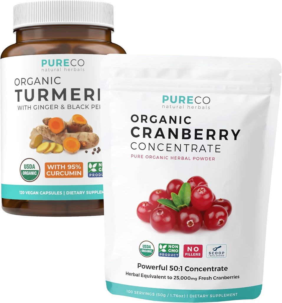 Polvere di curcuma e mirtillo (alimentazione di 3 mesi) Bundle di miscela di curcuma erboristica biologica con pepe nero & zenzero (120 caps) & estratto di polvere concentrato di mirtillo organico (100 Scoop)