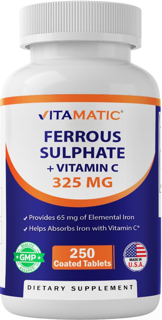 Vitamatic Ferrous Sulfate 325 mg con vitamina C 100 mg (65 mg di ferro elementare) – Supplemento di ferro ad alta potenza – Nessun colore artificiale – 250 compresse rivestite, Made in USA