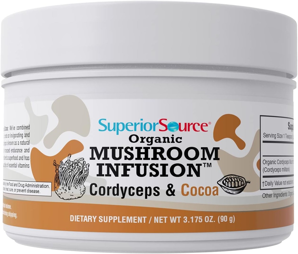 Überlegene Quelle Bio Pilzinfusion – Cordyceps & Cocoa, Erhöhte Energie, Stamina & Endurance, Anti-Aging-Eigenschaften, Herzgesundheit, Leistungsstarke Immununterstützung, 45 Servierungen, Non-GMO