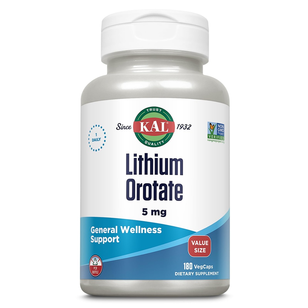 KAL Lithium Orotate 5mg, Lithium Low Dose Supplément pour le soutien de l'humeur de bien-être général, hautement biodisponible, Vegan, garantie de 60 jours, 180 portions, 180 VegCaps