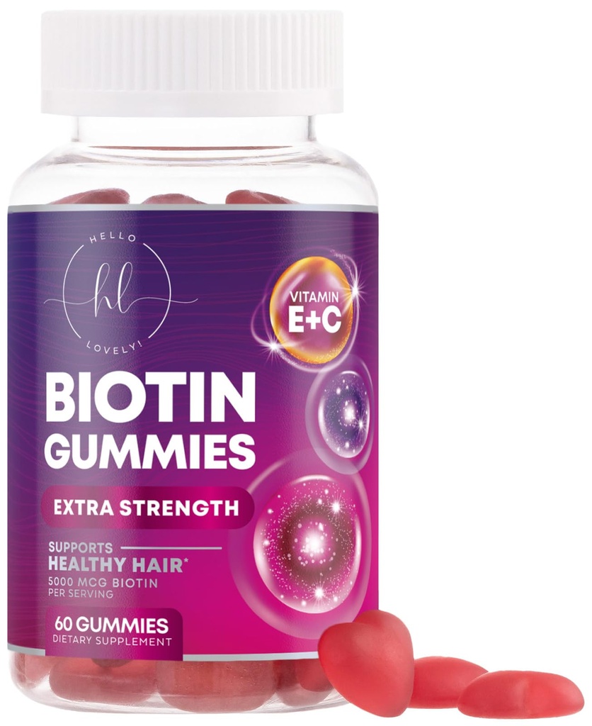 Vitamines capillaires Gommies avec Biotin 5000 mcg par portion - Soutien de la croissance des cheveux avec Vitamines E & C pour cheveux épais, plus forts et beaux - Peau et ongles Vitamine, sans gluten - 60 Gommies