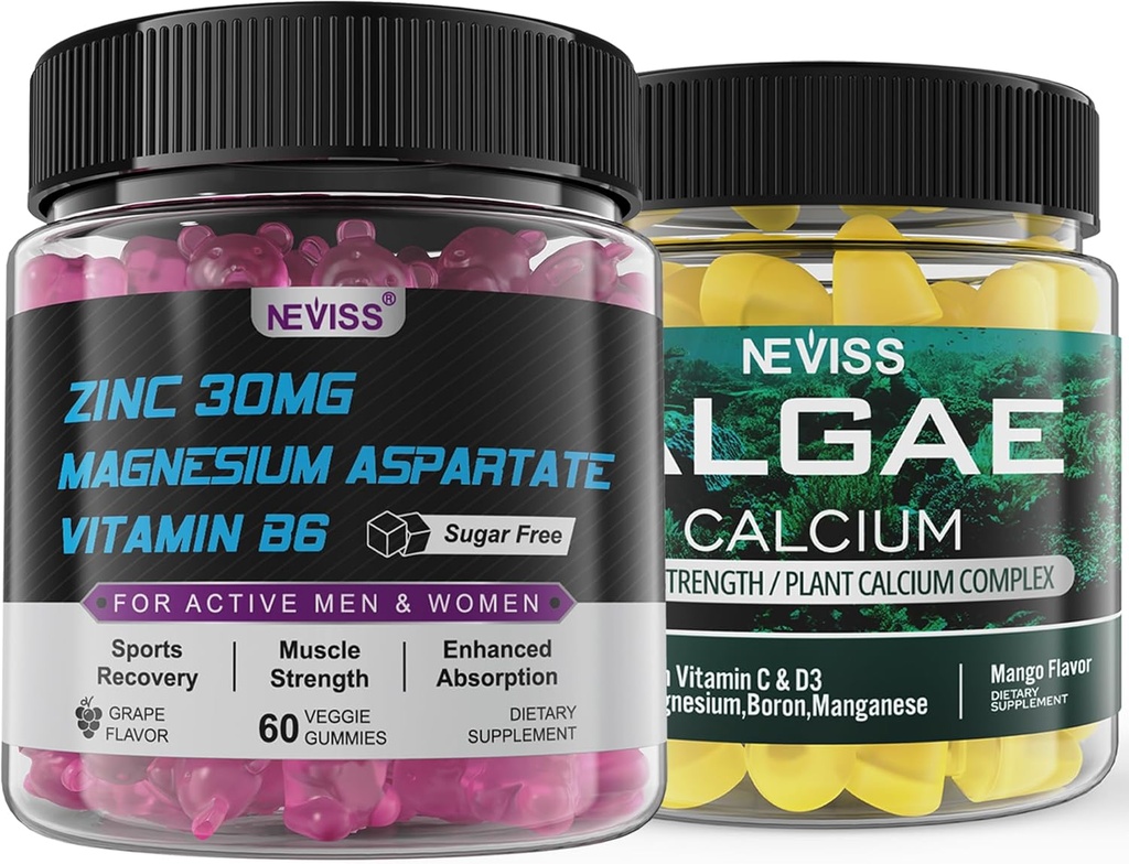NEVISS Gommies de calcium aux algues avec supplément de zinc et de magnésium