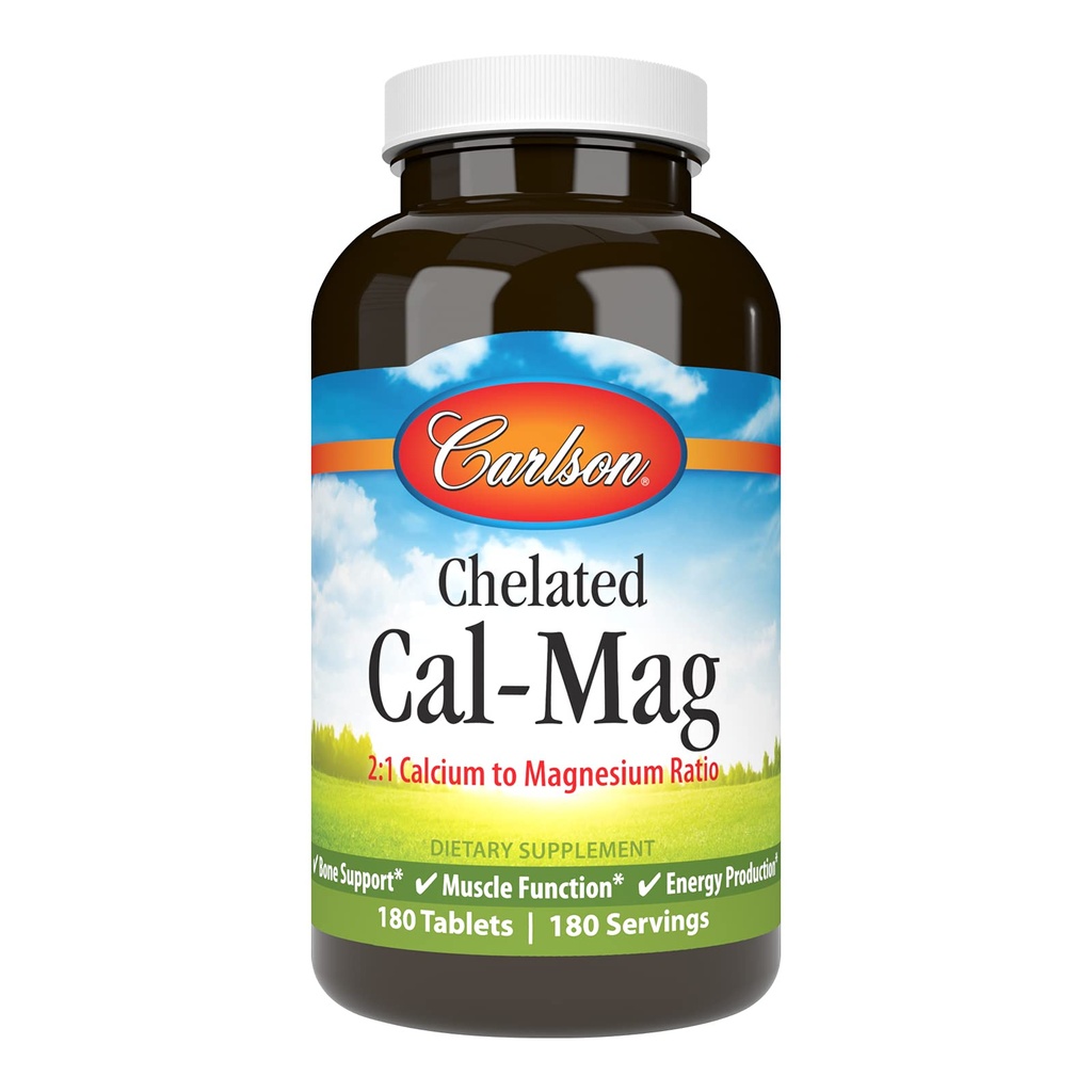 Carlson - Chelat Cal-Mag, 2:1 Calcium bis Magnesium Ratio, Knochenunterstützung, Muskelfunktion & Energieproduktion, 180 Tabletten