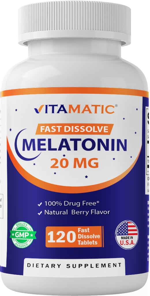 Vitamatic Melatonina 20 mg Tablets –Natural Berry Flavor – 120 compresse vegetariane per bottiglia – 6 bottiglie (Totale 720)