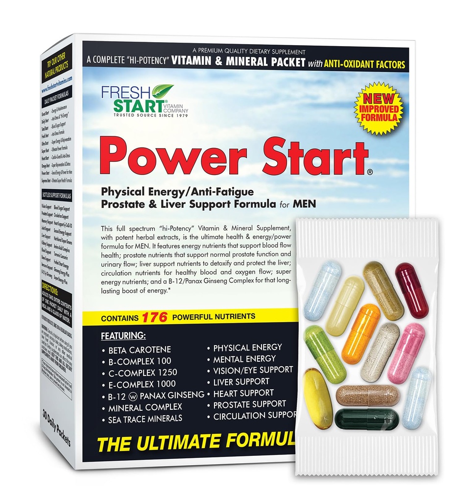 Power Start Complete Daily Vitamin Pack | Supporto per la salute degli uomini, 10X Energy & Stamina Booster | Vitamina A, B, C, D, E, B12, Minerali, Tribulus, Maca, Epimedium, Tongkat Ali (30 Packets)