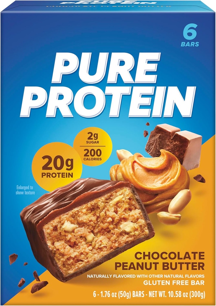 Pure Protein Bars, High Protein, Spuntini nutrienti per sostenere l'energia, basso zucchero, senza glutine, burro di arachidi al cioccolato, 1,76 Oz (Pack of 6)