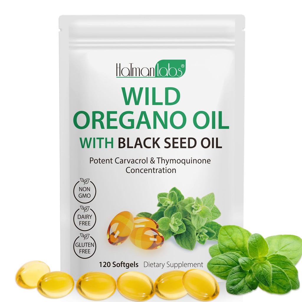 Öl von Oregano mit schwarzem Samenöl, Bio Oregano Öl Softgels,Oregano Öl Kapseln Bio,Non-GMO, Glutenfrei,120