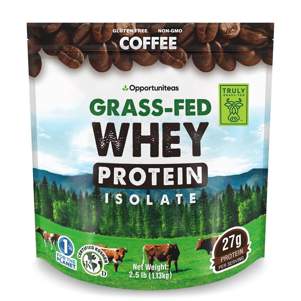 Opportuniteas Grass Fed Coffee Whey Protein Isolate Powder - 27g Protein ohne künstliche Süßungsmittel, Hormonfreie Kühe, Non GMO - 2.5lb
