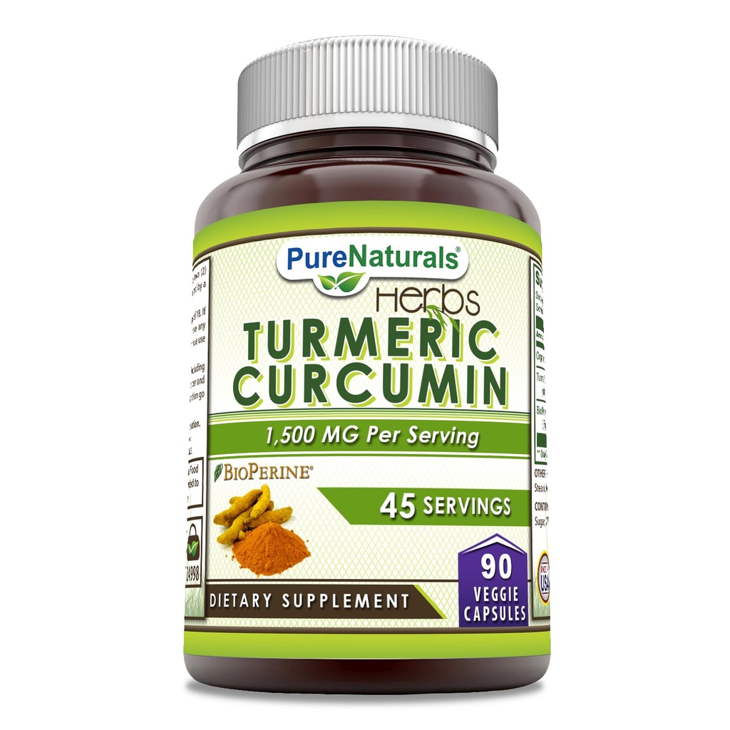 Pure Naturals Turmeric Curcumin mit Bioperine 2250 mg pro Servierergänzung | Veggie Kapseln | Non-GMO | Gluten Free | Made in USA (1 Pack, 90 Count)
