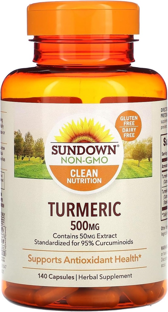 Sundown Turmeric Supplement, 500 mg, Supporta la salute antiossidante, 140 capsule