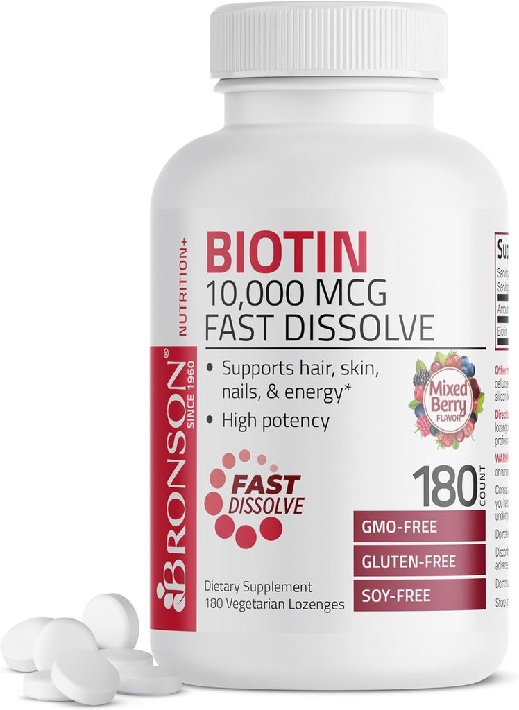 Bronson Biotin 10 000 MCG Lozenges Dissoudre rapidement haute puissance soutient cheveux, peau et ongles mélange saveur de baie - non-OGM, 180 légumes végétariens