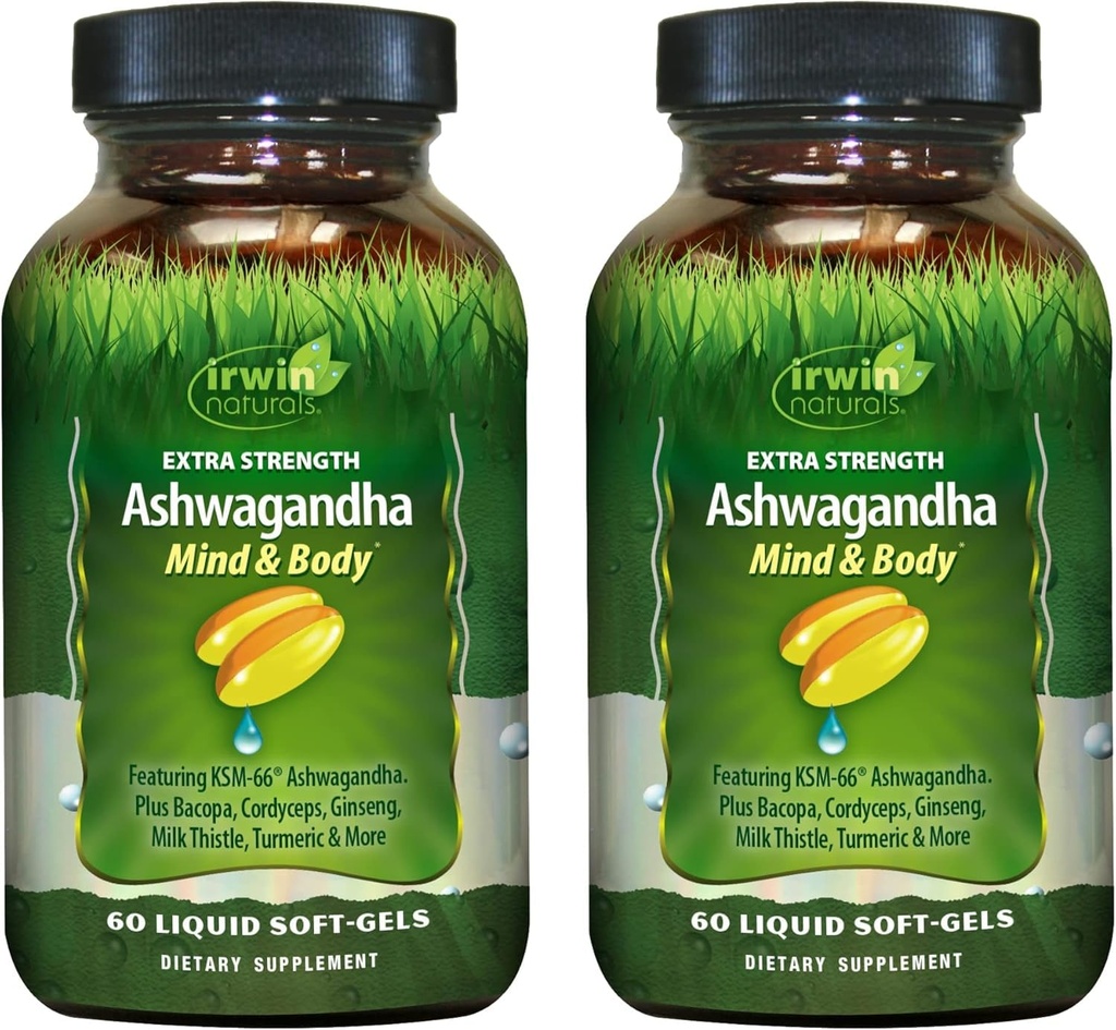 Irwin Naturals Extra Strength Ashwagandha - 60 Liquid Soft-Gels - Hilft körperliche und psychische Leistung zu steigern - mit Tumeric & Milk Thistle - 60 Portionen