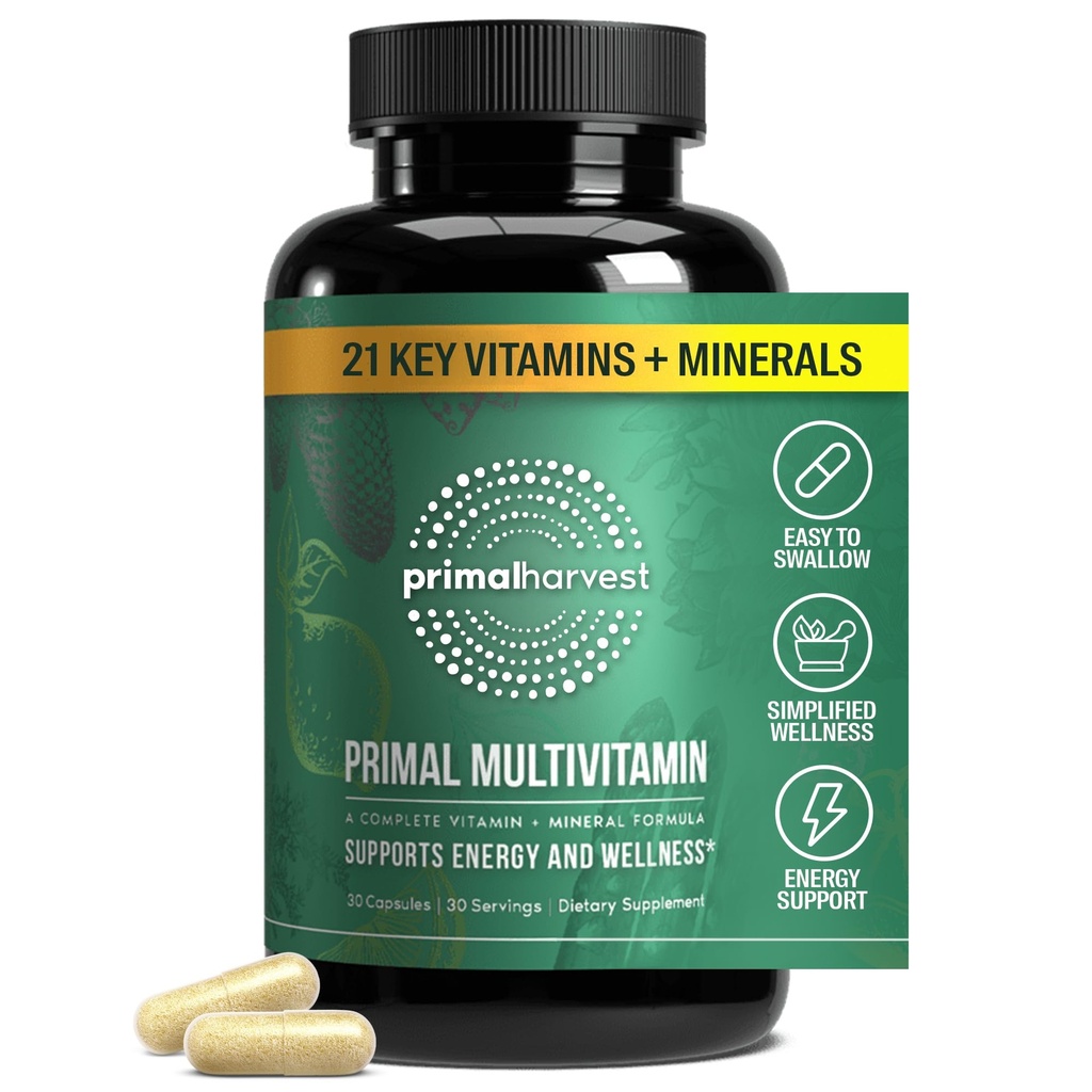 Primal Harvest Primal Multivitamin - Tägliche Multi-Vitamin-Ergänzung mit 21 essentiellen Vitaminen & Mineralien für Frauen & Männer - Vitamin A, C, D, E, B12, B6, Biotin, Folsäure, Zink, Kupfer & Selen