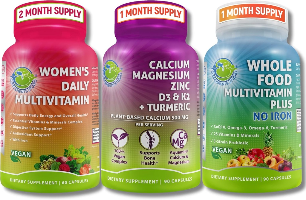 Vegan Multivitamins & Calcium Trio – Multivitaminico Alimentare Intero con Ferro + Donna Multivitaminico Quotidiano con Ferro + Calcium Basato vegetale, Magnesio, Zinco, D3, K2 & Turmerico – Energia, Bone & Supporto Immune