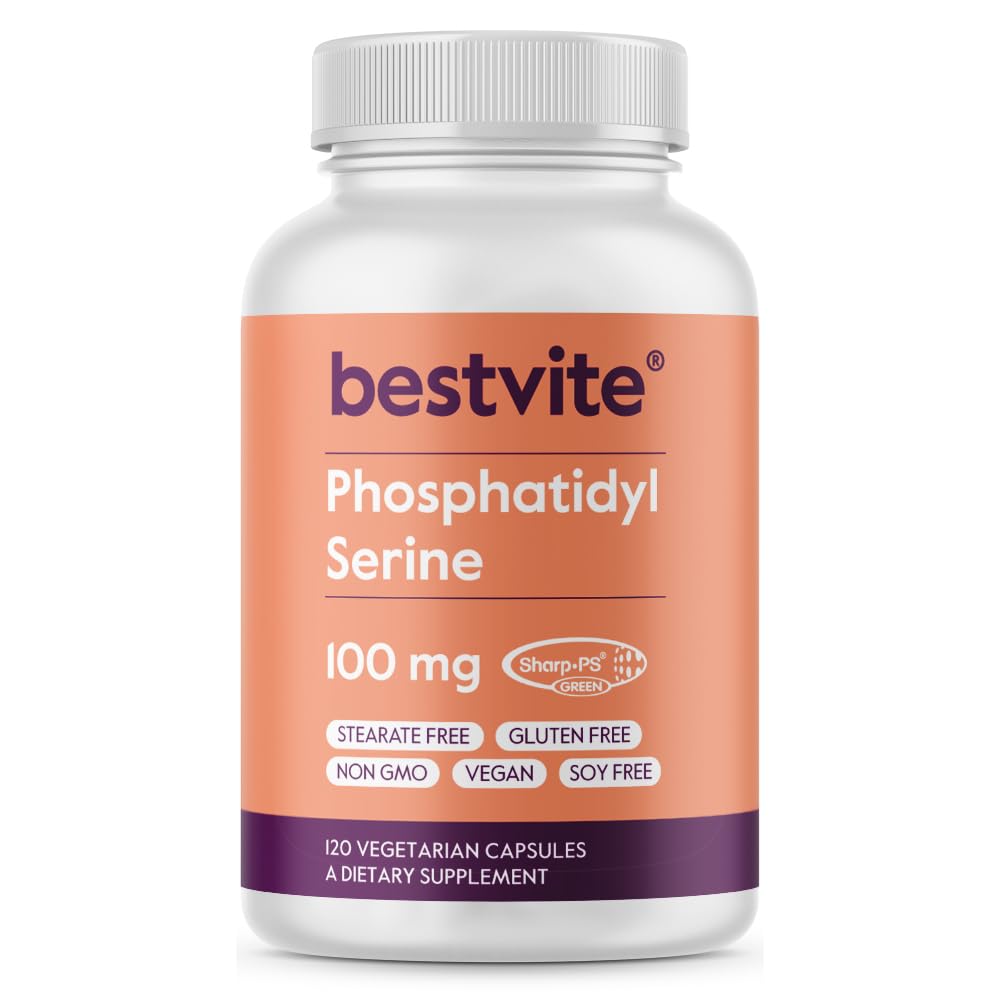 BESTVITE Phosphatidylserine 100mg pro Kapsel (120 Vegetarische Kapseln) mit Sharp-PS® Green - Patentiert und klinisch getestet - Stearatefrei - Sojafrei - Glutenfrei - Vegan - Non GMO
