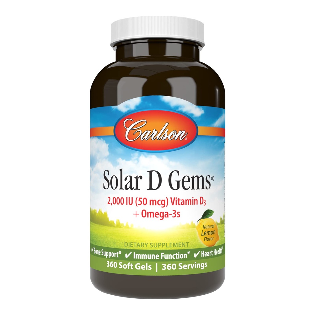 Carlson - Solar D Gems, Vitamin D3 und Omega-3 Supplement, 2000 IU (50 mcg) Vitamin D3, 115 mg Omega-3s EPA und DHA Supplement, Wild Caught, Sustainable Sourced, Lemon, 360 Softgels