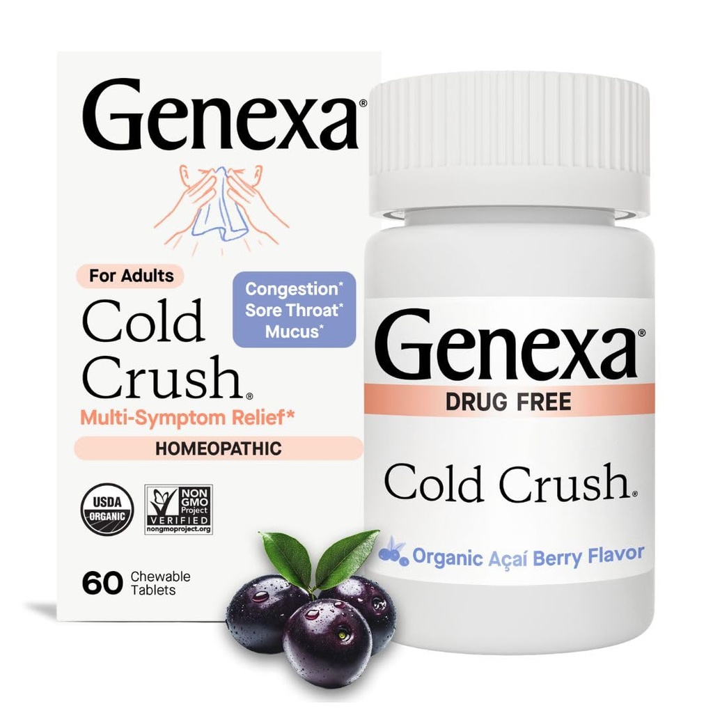 Genexa Cold Crush | Multi-Symptom Cough & Cold Relief for Adults | Delicious Organic Acai Berry Flavor | Certified Organic & Non-GMO | Homeopathic Remedy Made Clean | 60 Chewable Tablets