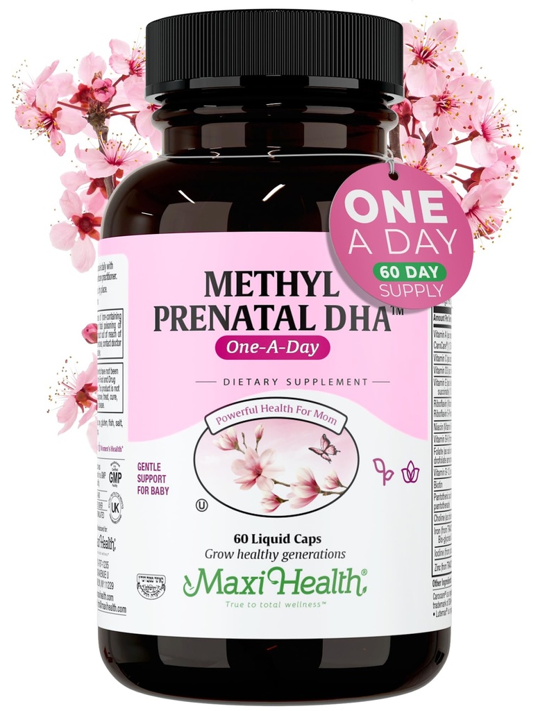 Maxi Health - Methyl Prenatal DHA Prenatal Vitamine Frauen - Arzt Formuliert, Kosher, Glutenfrei Prenatal Multivitamin mit 25 Nährstoffen einschließlich DHA, Folsäure &amp; mehr, 60 Flüssigkeitskappen